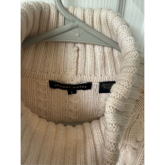 Fisherman Sweater 100% Cotton Vintage Large Cream Turtle Neck Chunky Heavy Winte - Picture 3 of 4